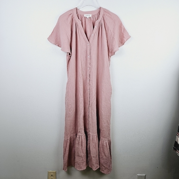 MABLE Pink Cotton Gauzy Flutter Sleeve Midi Dress, size Large - Picture 1 of 7